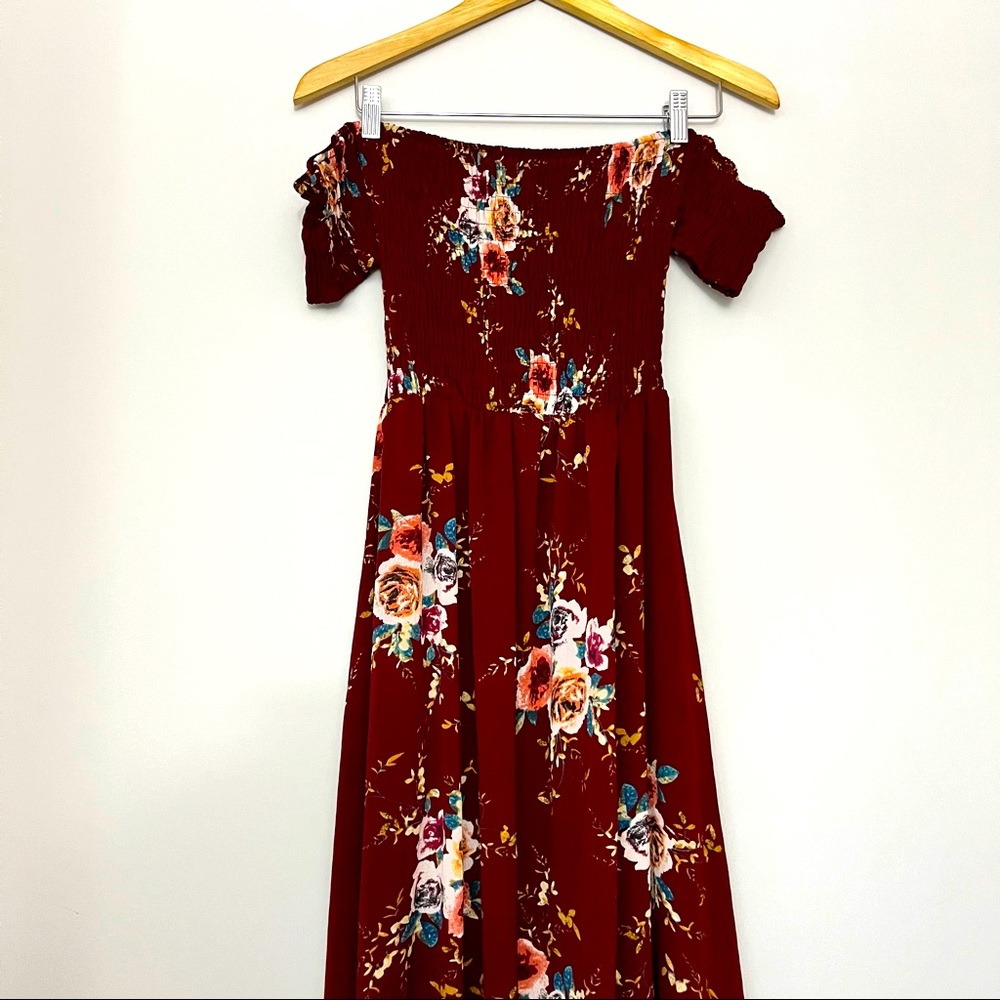 Burgundy Floral Print High Low Off the Shoulder Dress